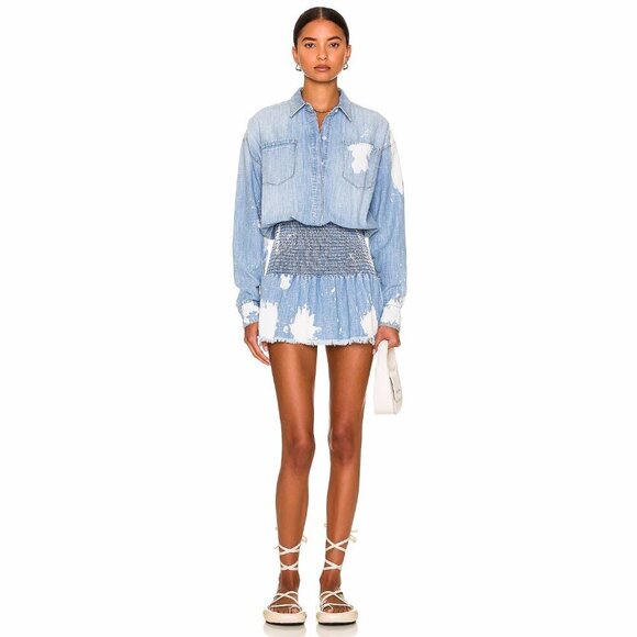 NWT SER.O.YA Monica bleached splashed denim mini dress with smocked waist, L - Picture 5 of 16